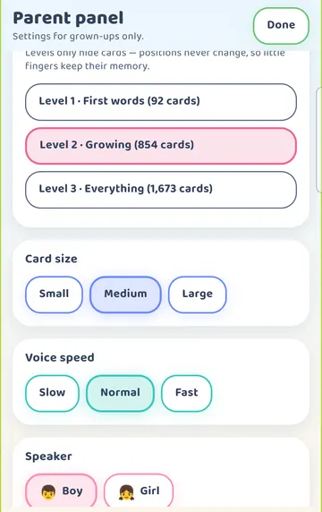 Screenshot: Parent panel: Vocabulary level (Level 1 First words 92 cards, Level 2 Growing 854, Level 3 Everything 1,673), Card size (Small, Medium, Large) and Voice speed (Slow, Normal, Fast).