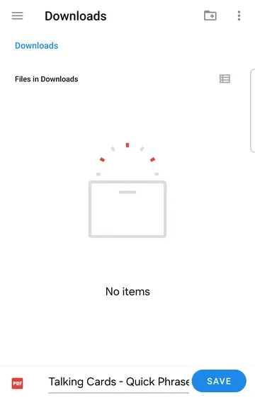 Screenshot: Make PDF on Android opens the system Save dialog (here in Downloads) with the file name 'Talking Cards - Quick Phrases.pdf'. (iPhone shows its own share/save sheet.)