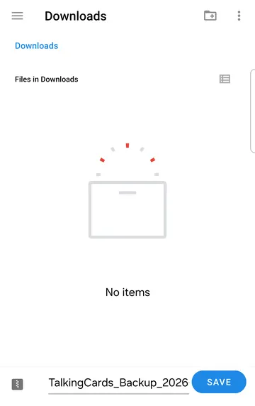 Screenshot: Export backup opens Android's Save dialog with the file name TalkingCards_Backup_<date>.tcb.