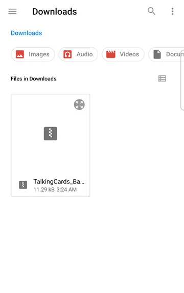 Screenshot: Import backup opens Android's file picker; pick the TalkingCards_Backup file (here in Downloads). Nothing was imported for this capture.
