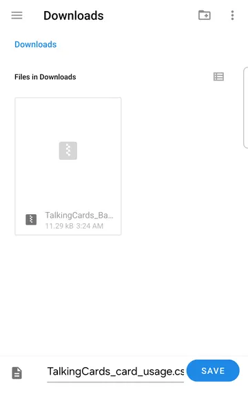 Screenshot: Save CSV opens Android's Save dialog with the file name TalkingCards_card_usage.csv.