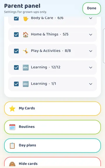 Screenshot: Parent panel: My Cards, Routines (first/then steps) and Day plans (a morning, school or bedtime plan with Now and Next).