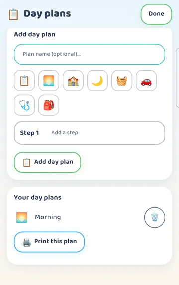 Screenshot: Tapped Morning: a ready-made morning plan appears under Your day plans.