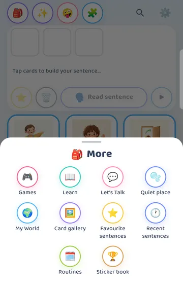 Screenshot: On the board, the bag (More) holds a Routines tile once the full app is open.