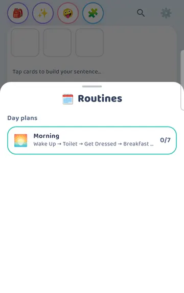 Screenshot: The Routines tile lists the day plans: Morning. 0 / 7 steps done.