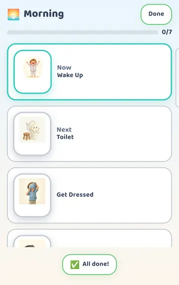 Screenshot: The Morning plan: Now (Wake Up) is highlighted, Next (Toilet) is below, then the rest. Progress 0/7 at the top.