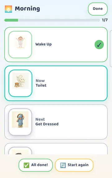 Screenshot: Tapped the Now step: it is spoken and ticked off; Now moves to Toilet and the progress bar fills.