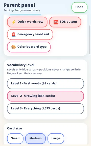 Screenshot: Parent panel > Talking board (AAC): SOS button turned on (with Sentence strip and Quick words row).