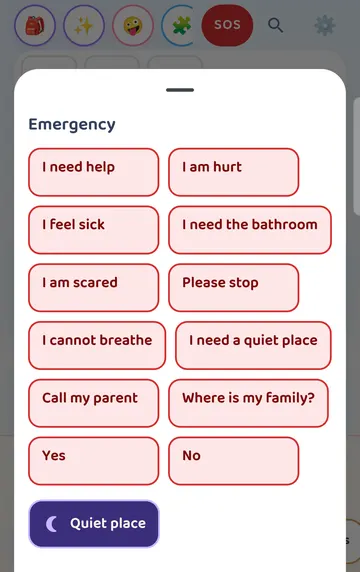 Screenshot: Tap SOS: the Emergency sheet opens with 12 phrases and a Quiet place button at the bottom.