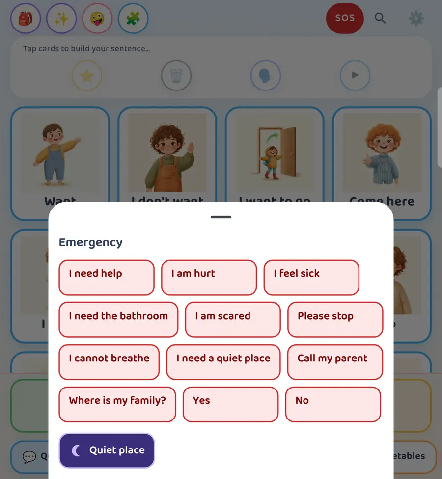 Screenshot: The Emergency sheet on the inner screen.