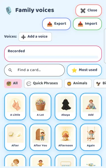 Screenshot: The Family voices page: search, category tabs and every card. Recorded shows 0.