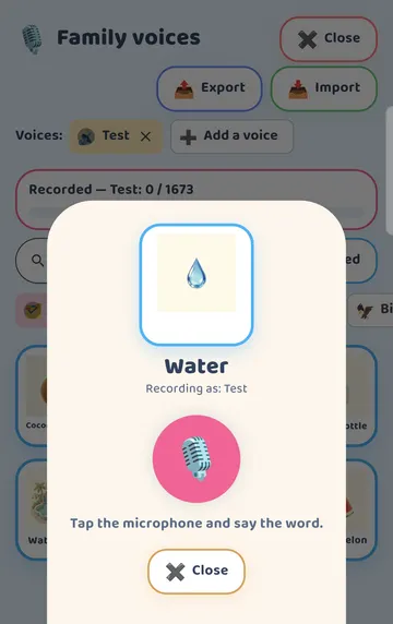 Screenshot: Tapped the Water card: the recording sheet shows the word, who is recording, and a big Record button.
