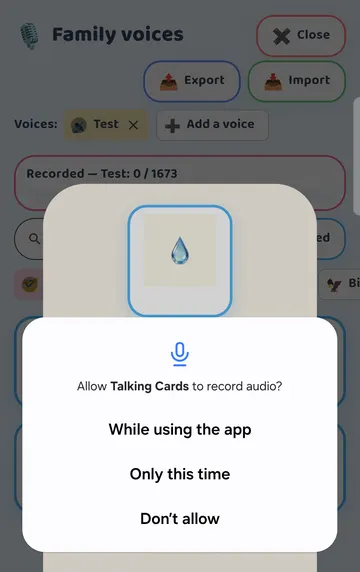 Screenshot: Android asks once for the microphone the first time you tap Record. (iPhone shows its own prompt.)