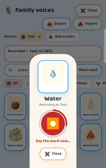 Screenshot: Tapped Record: it records for a couple of seconds and stops by itself. The screen says “Say the word now...” with a countdown ring; Android shows its green microphone dot at the top while recording.