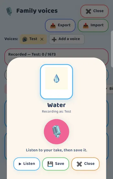 Screenshot: After the take: Listen to your take, then save it. Buttons: Listen, Save, Close.