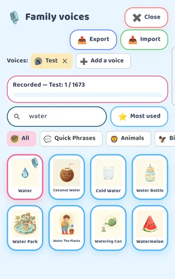 Screenshot: Saved: Recorded - Test: 1 / 1673. The Water card moves to the front with a pink border and a microphone badge.