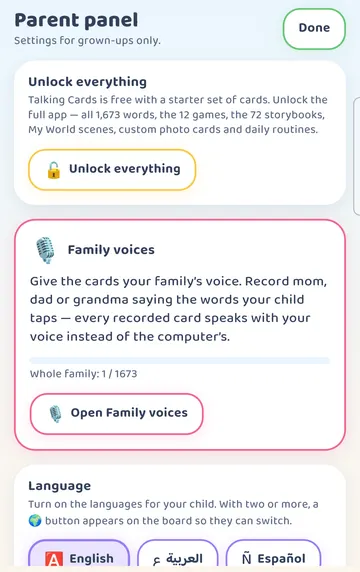 Screenshot: Back in the Parent panel, the Family voices card now shows 'Whole family: 1 / 1673' and an Open Family voices button.