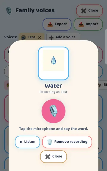 Screenshot: Tap a recorded card again: Listen, Remove recording, or record a new take.