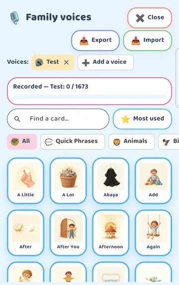 Screenshot: After Remove recording: the counter is back to 0 and Water plays its narrated word again. (No confirmation step.)