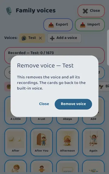 Screenshot: To remove a whole voice, tap the x next to its name: 'This removes the voice and all its recordings. The cards go back to the built-in voice.'
