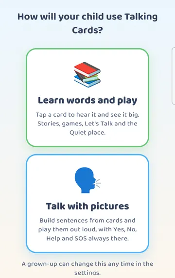 Screenshot: The first question: Learn words and play, or Talk with pictures.