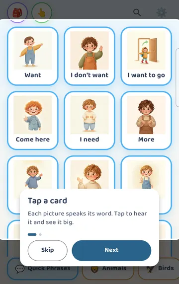 Screenshot: A two-step tour starts on the board. Step 1: Tap a card - each picture speaks its word.