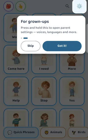 Screenshot: Tour step 2: the gear is for grown-ups - press and hold it to open parent settings.