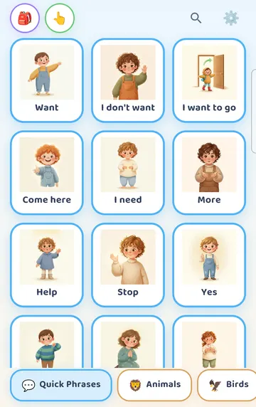 Screenshot: The learning board after the tour. Top row: More (bag), Tap to hear/Build a sentence switch, search, and the gear (Parent panel). Category tabs at the bottom.