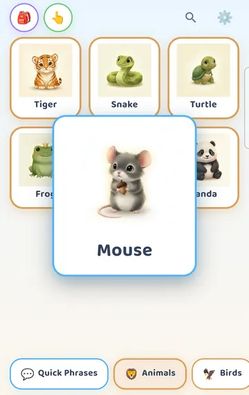Screenshot: Animals tab, tapped Mouse: the card is held up big in the middle while its word is spoken (about 2 s).