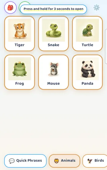 Screenshot: A short tap on the gear only shows a hint: press and hold for 3 seconds.