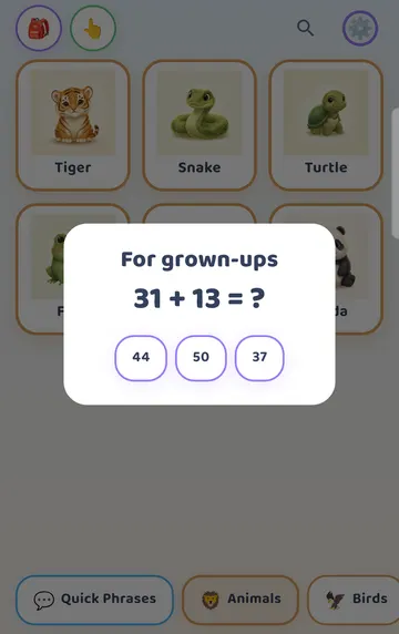 Screenshot: After holding the gear for 3 seconds: For grown-ups asks a sum; tap the right answer.