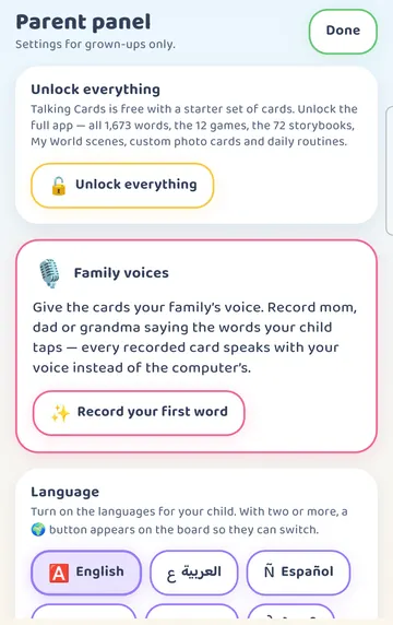 Screenshot: Parent panel, top: Unlock everything, Family voices, Language. Done closes it.