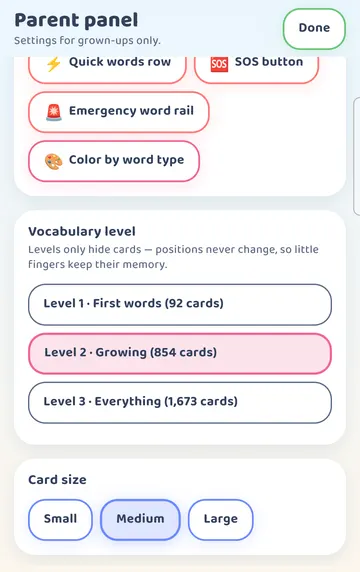 Screenshot: Parent panel: the Talking board (AAC) switches and Vocabulary level (Level 1 First words 92 cards, Level 2 Growing 854, Level 3 Everything 1,673).