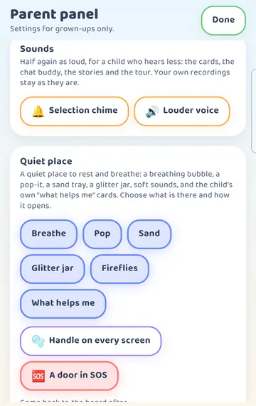 Screenshot: Parent panel, middle: Sounds and the Quiet place section, where a grown-up picks which calm activities show.