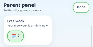 Screenshot: NOTE: captured after a free week was started by mistake during this session. The card reads 'Your free week is on right now' with the days left.