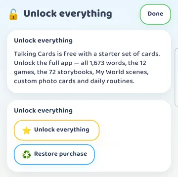 Screenshot: The Unlock page: what the full app adds, the Unlock everything button (SHOWS A PRICE - crop or blur before publishing), Restore purchase, and the Free week and Free daily preview status.