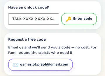 Screenshot: Bottom of the Unlock page (Android): Have an unlock code? with Enter code, and Request a free code (email). Nothing was entered or redeemed.