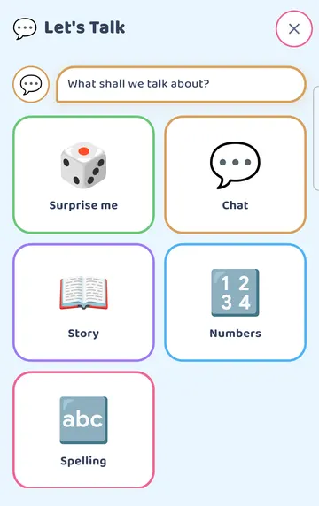 Screenshot: Let's Talk opens from the bag: What shall we talk about? Surprise me, Chat, Story, Numbers, Spelling.