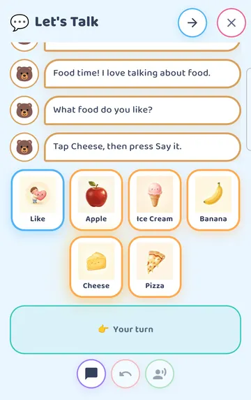Screenshot: Chat: the buddy asks 'What food do you like?' and shows the answer cards: Like, Apple, Ice Cream, Banana, Cheese, Pizza. 'Your turn' marks the child's turn.