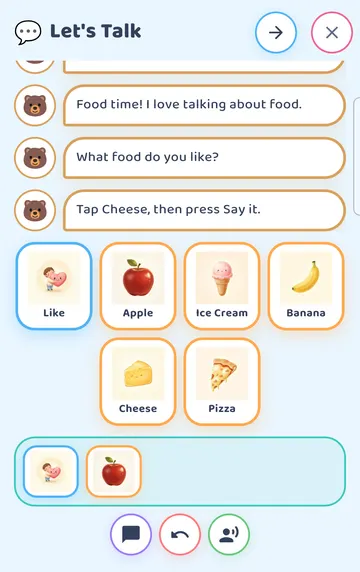 Screenshot: The child taps Like, then Apple: the cards join in the tray at the bottom. Undo takes the last card back; Say it speaks the sentence.