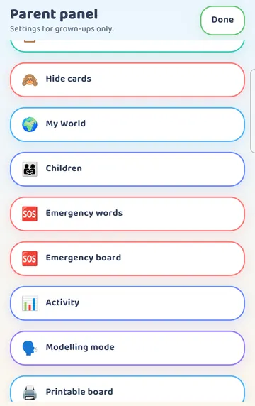 Screenshot: Parent panel, near the bottom: the Modelling mode row (spelled this way on Android 2.24.0).