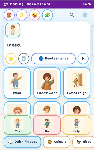 Screenshot: A grown-up taps 'I need' while saying it out loud. The banner stays up; these taps are not added to Activity, stickers or history.