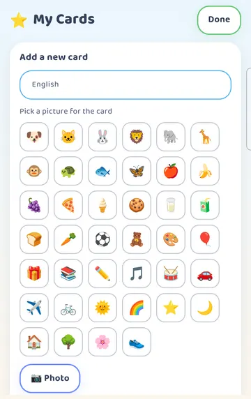 Screenshot: Parent panel > My Cards: Add a new card. Type the word (one box per language), then pick a picture: an emoji, or Photo.