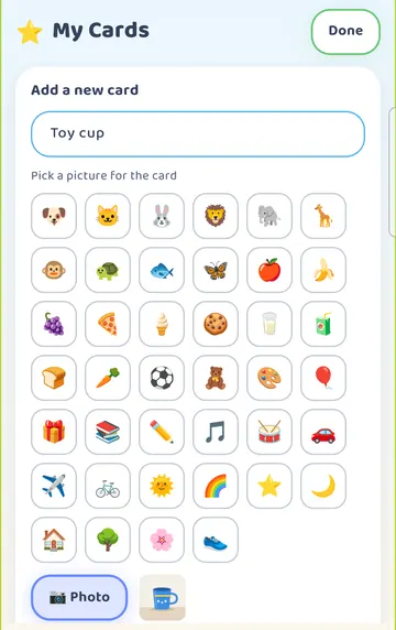 Screenshot: Typed 'Toy cup', tapped Photo and picked the picture in Android's photo picker (Talking Cards only sees the photo you select). The chosen photo shows next to the Photo button.