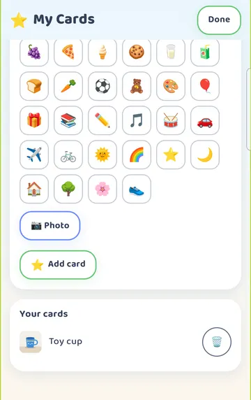 Screenshot: Add card: Toy cup now appears under Your cards.