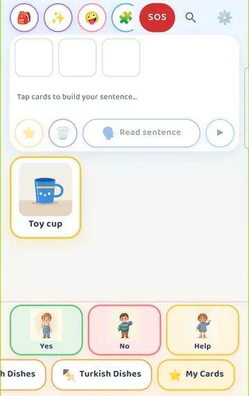 Screenshot: On the board, the My Cards tab (the last tab) holds the new Toy cup card with its photo.