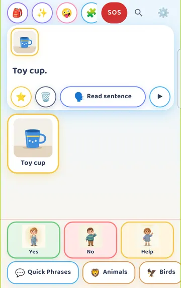 Screenshot: Tapping the photo card works like any card. Here the sentence strip is on, so it goes into the sentence ('Toy cup.'). A photo card has no narrated clip, so the phone's text-to-speech voice says its name.
