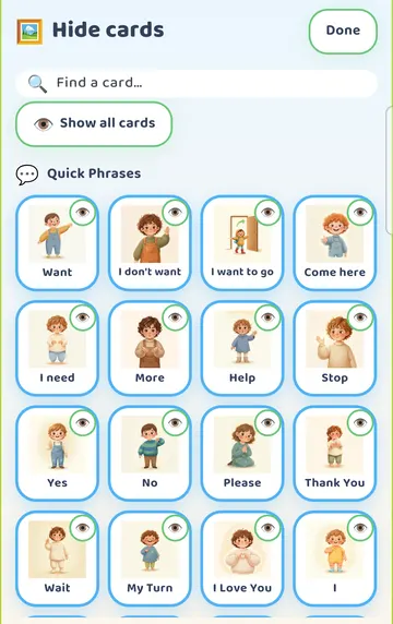 Screenshot: Parent panel > Hide cards: every card with a Shown/Hidden toggle, a search box, and Show all cards.
