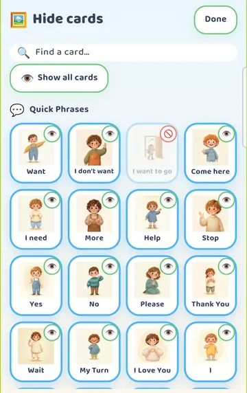 Screenshot: Tapped 'I want to go': it is now marked Hidden and greyed; it disappears from the child's board.