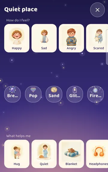 Screenshot: The Quiet place: How do I feel? (feelings cards), five calm activities (Breathe, Pop, Sand, Glitter jar, Fireflies) and What helps me cards. On the cover screen the activity names are cut short.